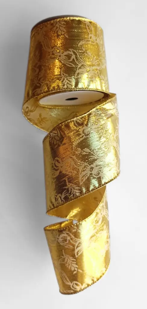 Listón Navideño - Dorado Metálico Estampado Moños 4"