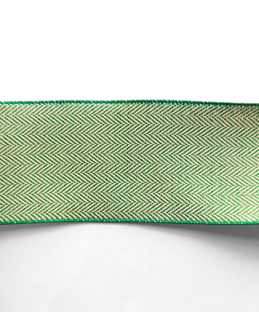 Listón Navideño - Líneas Beige & Verde 4"