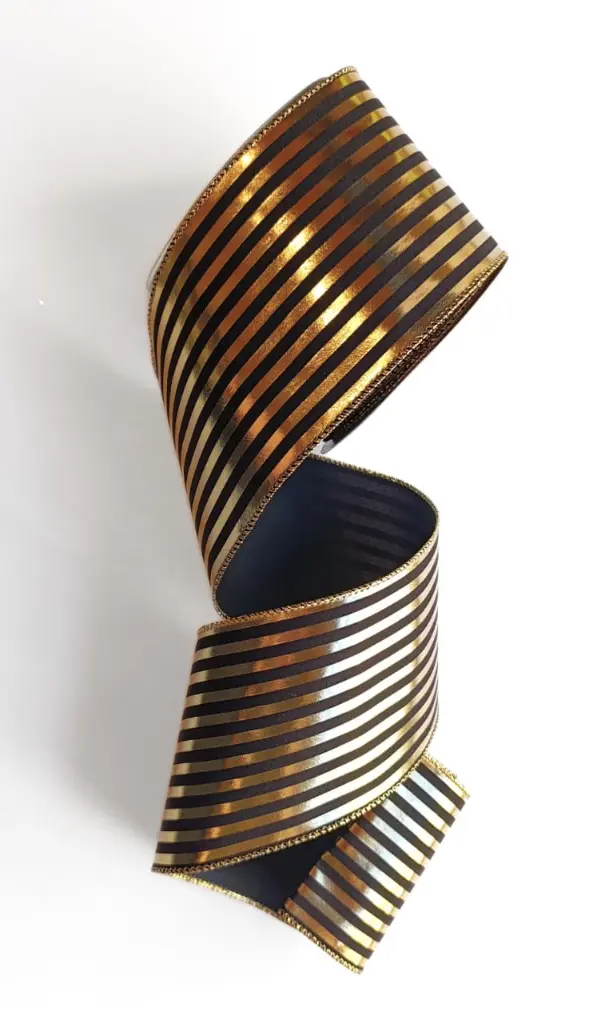 Listón Navideño - Negro Líneas Oro 4"