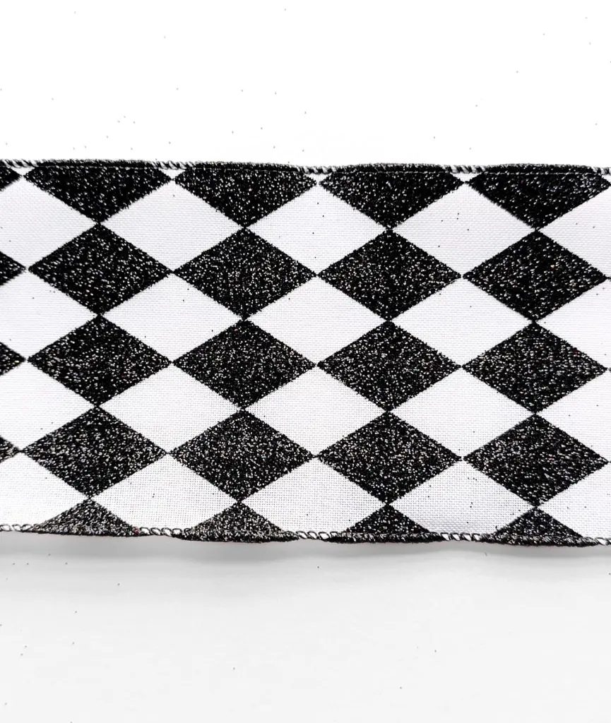 Listón Navideño - Rombos Negro Glitter 4"