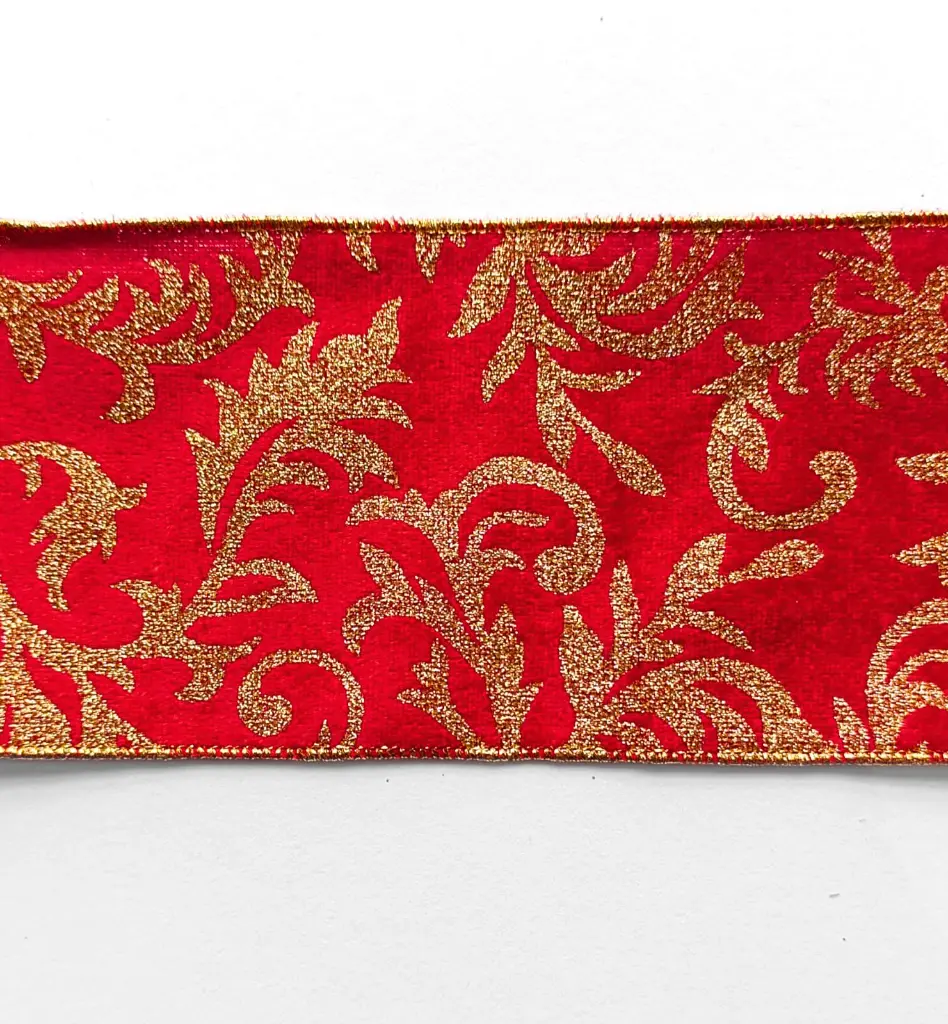 Listón Navideño - Terciopelo Rojo Estampado Glitter Oro 4"