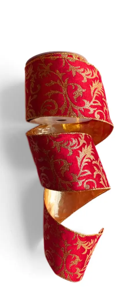 Listón Navideño - Terciopelo Rojo Estampado Glitter Oro 4"