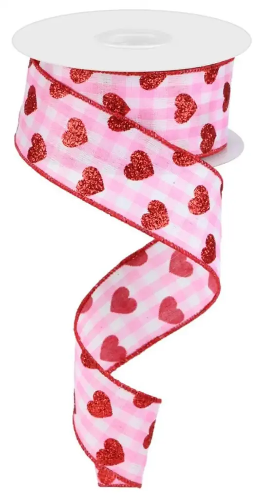 Listón San Valentín - Cuadros Rosas con Corazones Rojos