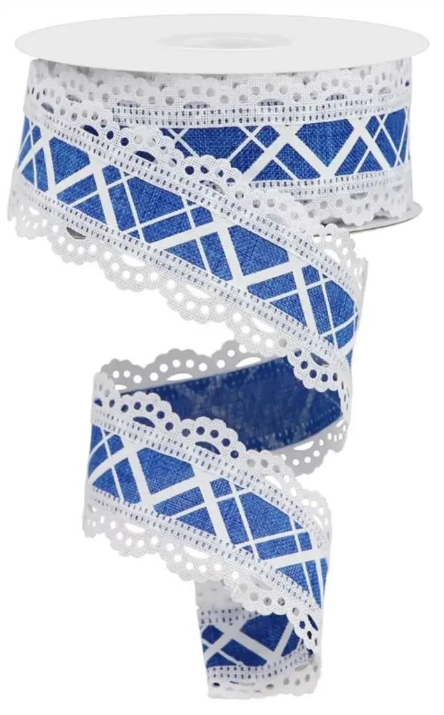 Listón de Cuadros - Azul rey y Encaje Blanco