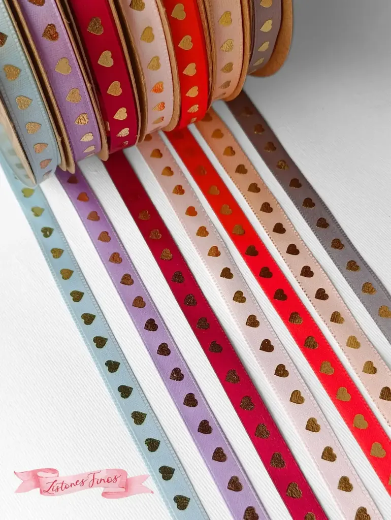 Listón Satinado San Valentín - Estampado Corazones Dorados