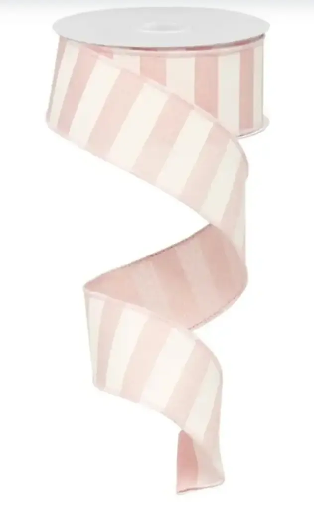 Listón Rayas - Blanco y Rosa Pastel con Orilla de Alambre