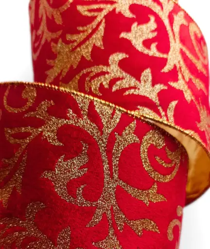 [346-139] Listón 4" - Brocado Terciopelo Rojo con Arabescos Barrocos de Glitter Dorado