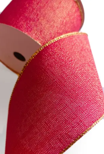 [346-156] Listón 4" - Seda Shantung Rojo con Escarchado y Borde Dorado