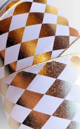 [346-198] Listón 4" - Arlequín de Rombos Blanco y Dorado Metálico