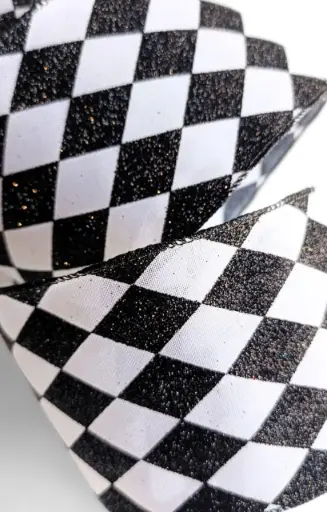 [346-187] Listón 4" - Arlequín de Rombos Blanco y Negro con Glitter