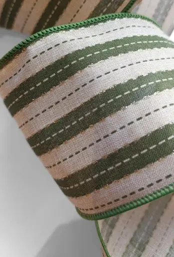 [346-131] Listón 4" - Lino de Rayas Verde Musgo con Pespunte y Brillo Dorado
