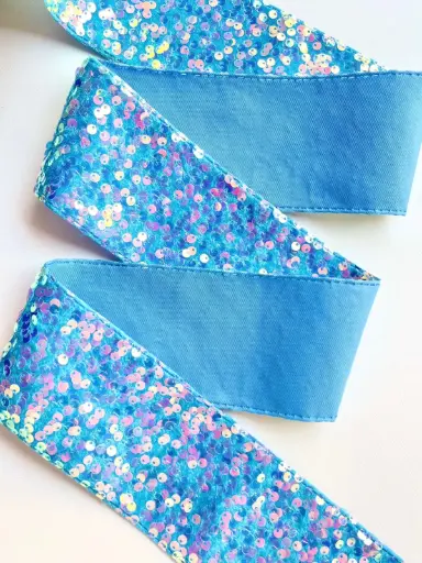 [6111] M - Listón Terciopelo Lentejuela 7.5 cm (3") - Azul Maya