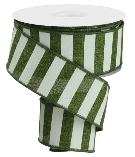 [RX9148TW] Listón Rayas - Verde Musgo y Crema con Orilla de Alambre