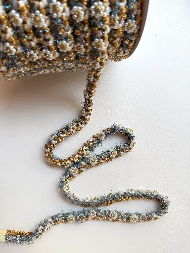 [6274] Pasamanería Trenzada Perlas y Flores Turquesa/Dorado