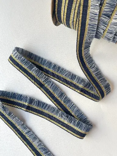 [6287] Pasamanería Azul Marino y Dorado con Fleco Lateral Azul y Blanco
