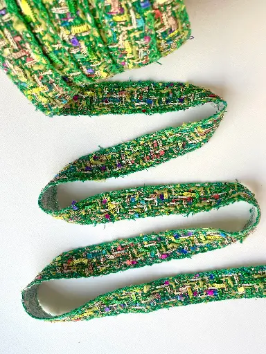 [6290] Pasamanería Estilo Tweed Verde Esmeralda Multicolor y Dorado