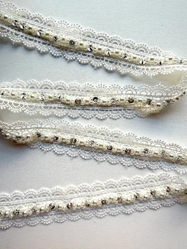 [6315] Encaje Doble Festón con Pedrería Rhinestone y Perlas