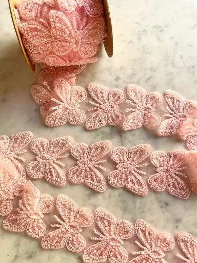[6343] M - Tul Bordado - Mariposas Rosa Pastel