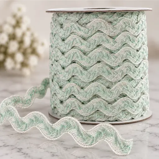 [6534] Espiguilla Bordada Ric Rac 1.5 cm - Blanco y Menta 