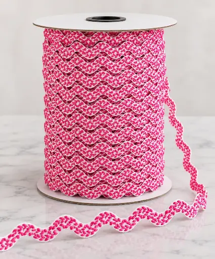 [6537] Espiguilla Bordada Ric Rac 1.5 cm - Blanco y Shocking Pink
